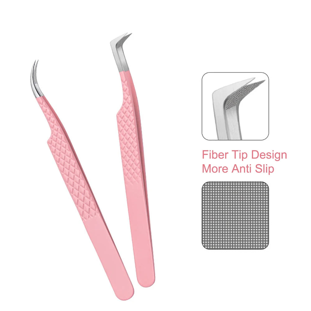 Fiber Tip Tweezers for Eyelash Extension Pink Stainless Steel High Precision Lash Tweezers for Volume Fans Makeup Tools