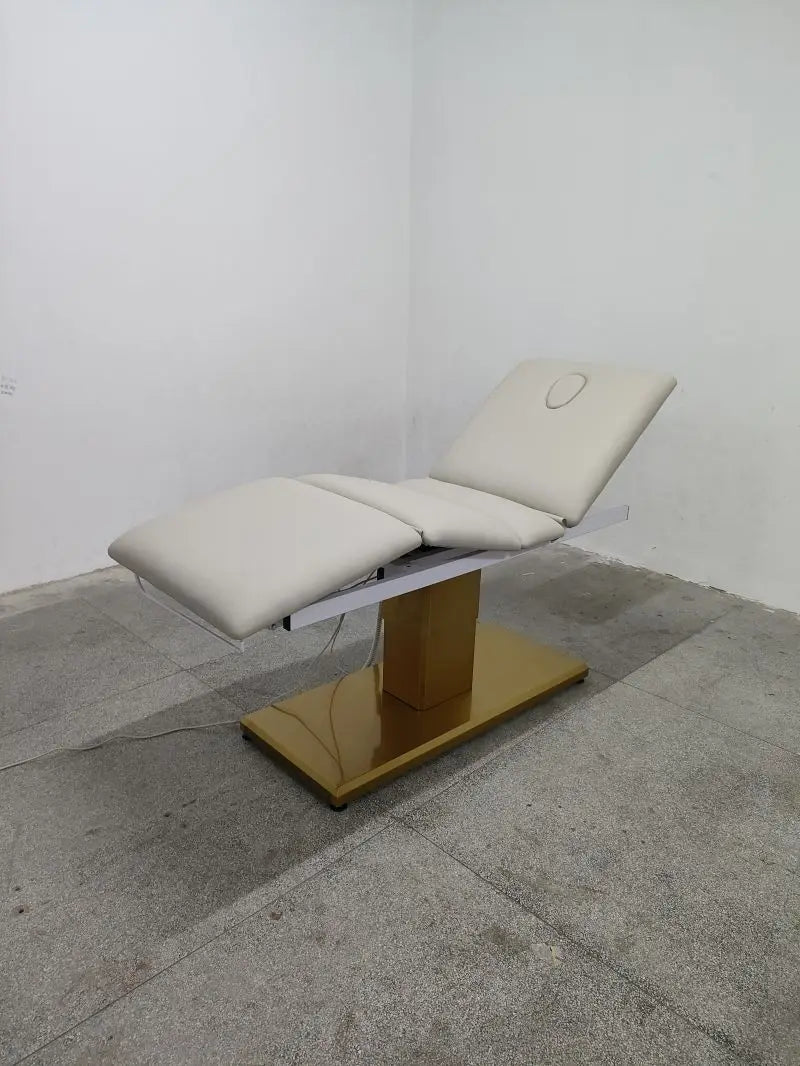 Beige White leather gold stainless steel base Cosmetic Bed Luxury Electric Beauty Salon Massage Table Plastic Cover