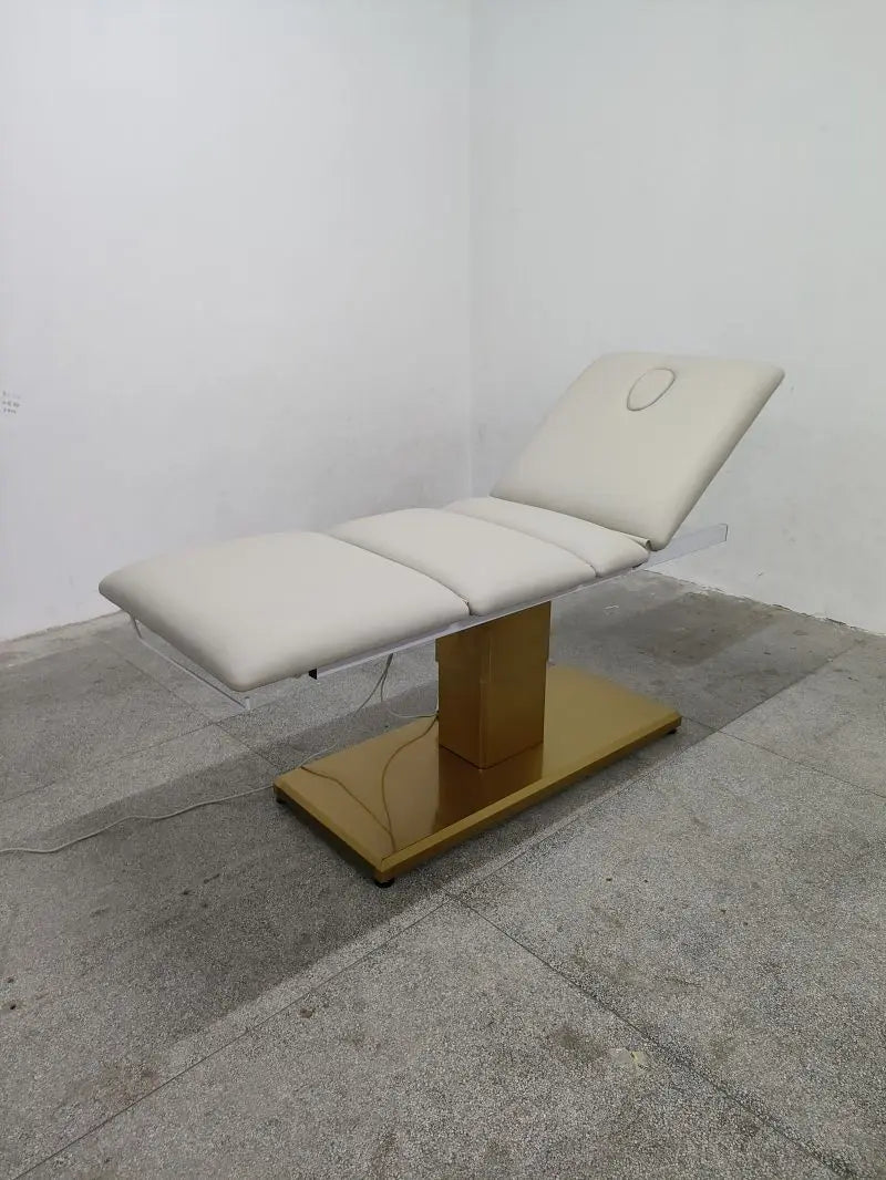 Beige White leather gold stainless steel base Cosmetic Bed Luxury Electric Beauty Salon Massage Table Plastic Cover