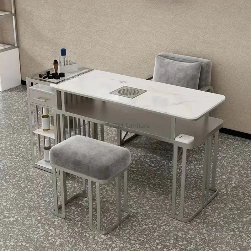 Light Luxury Silver Nail Tables Professional Salon Furniture for Beauty Salon Manicure Table and Chair Set with Vacuum Cleaner