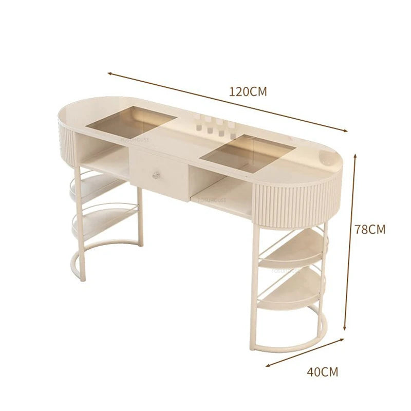 Cream Wind Glass Nail Tables Nordic Salon Furniture for Beauty Salon Storage Table Light Luxury Professional Manicure Table Set